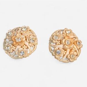 Vintage Carved Celluloid Rhinestone Statement Clip on Earrings 1 1/4”